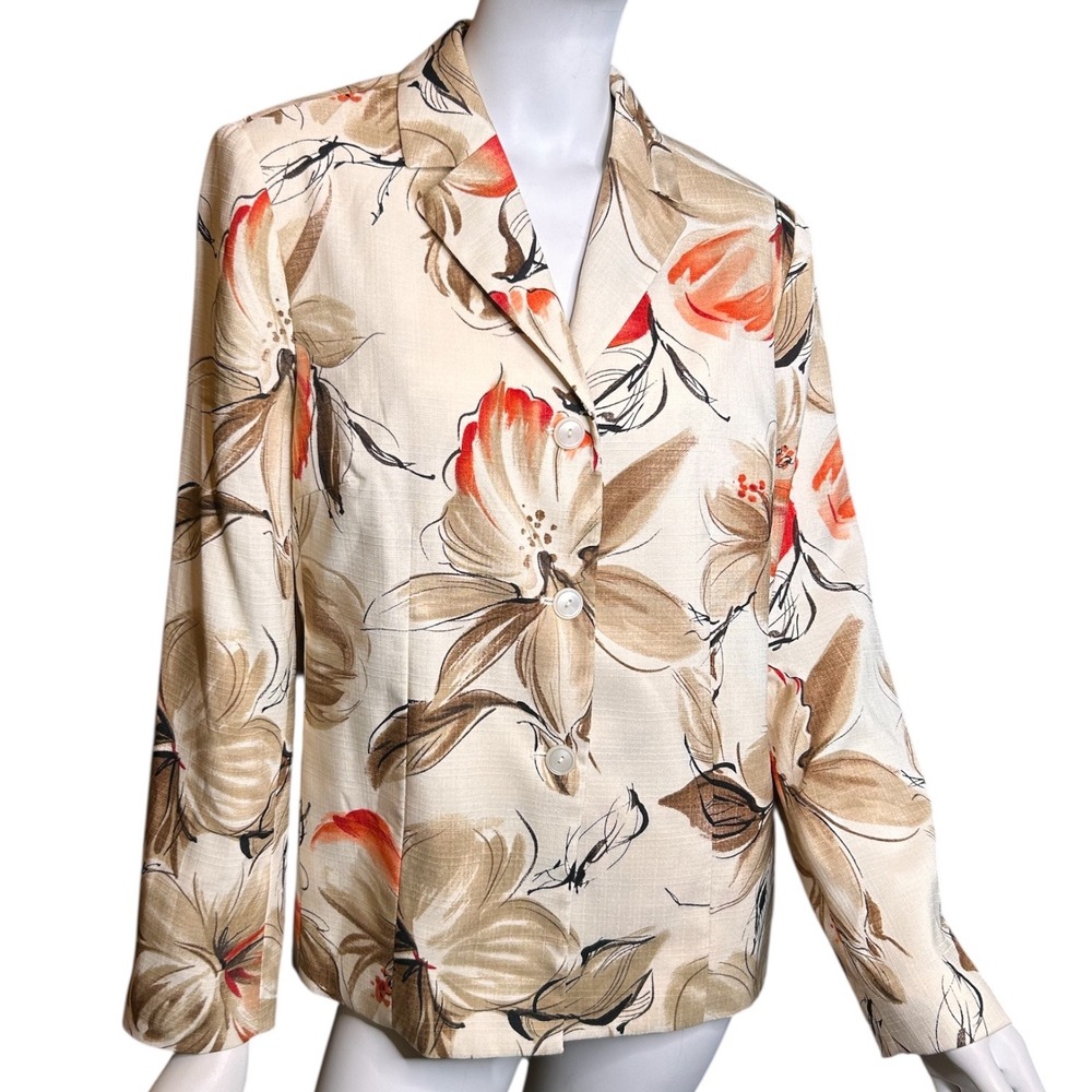 Vintage 90s Alfred Dunner Size 12 Floral Blazer Hibiscus Flower Cream Orange